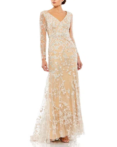 Mac Duggal Embroidered V Neck Long Sleeve Trumpet Gown In Ivory Nude