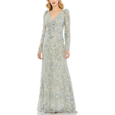 Mac Duggal Embroidered Wrap Over Puff Sleeves Trumpet Gown In Seafoam