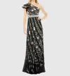 Mac Duggal Embroideredruffled One Shoulder Lace Up Gown In Black
