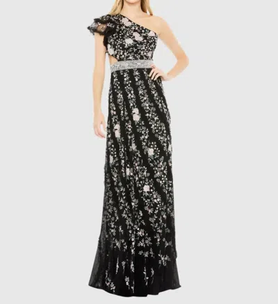 Mac Duggal Embroideredruffled One Shoulder Lace Up Gown In Black