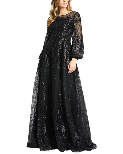 Mac Duggal Encrusted Illusion Long Sleeve A Line Gown In Black