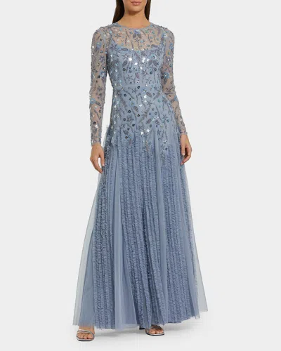 Mac Duggal Evening Beaded Mesh Gown In Blue