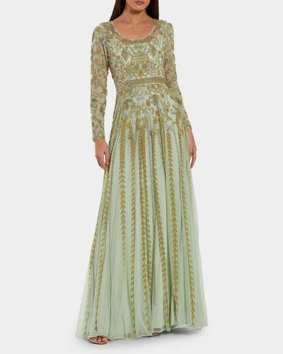 Mac Duggal Evening Beaded Mesh Gown In Green