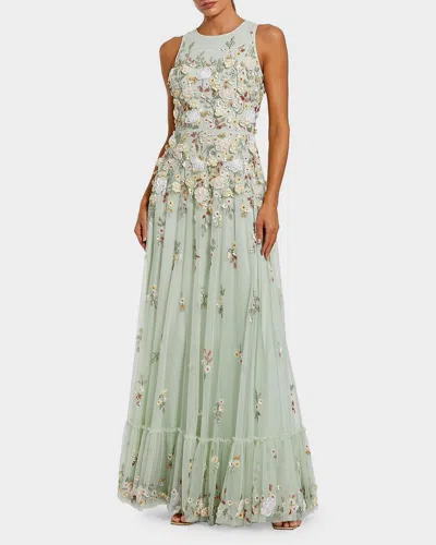 Mac Duggal Evening Floral Embroidered Sleeveless Mesh Gown In Green