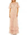 Mac Duggal Ruffled Floral Embellished Flutter Sleeve A-line Gown In Pink
