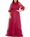 Mac Duggal High-neck Chiffon Dress With Puff Sleeves And Ruffle Tiered Skirt