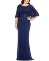 Mac Duggal Navy Embellished Cape Sleeve Gown (plus) In Multi