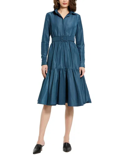 Mac Duggal Faille Collared Midi Dress With Belt In Blue