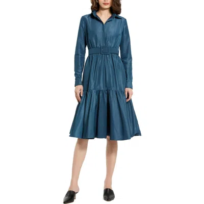 Mac Duggal Faille Long Sleeve Collared Belted Midi Dress In Blue