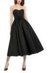 Mac Duggal Strapless Faille A-line Rose Detailed Midi Dress In Black