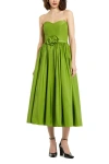 Mac Duggal Strapless Faille A-line Rose Detailed Midi Dress In Green