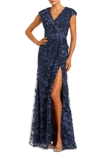 Mac Duggal Faux Wrap Embroidered Cap Sleeve Gown In Blue