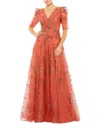 Mac Duggal Embellished Gathered Puff Sleeve Faux Wrap Gown