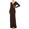 Mac Duggal Faux Wrap Long Sleeve Evening Gown With Appliqué Detail In Brown