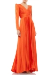 Mac Duggal Faux Wrap Long Sleeve Pleated Satin Gown