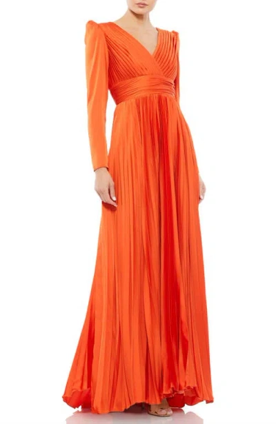 Mac Duggal Faux Wrap Long Sleeve Pleated Satin Gown In Sunset