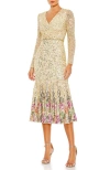 Mac Duggal Long Sleeve Faux Wrap Embellished Tea Length Dress In Gold Multi