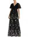 Mac Duggal Embellished Illusion Butterfly Sleeve V Neck Gown In Black