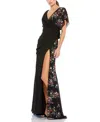 Mac Duggal Floral Beaded Flutter Sleeves Chiffon V Neck Faux Wrap Dress In Black Multi