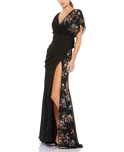 MAC DUGGAL FAUX WRAP MULTI COLORED BEADED FLORAL GOWN
