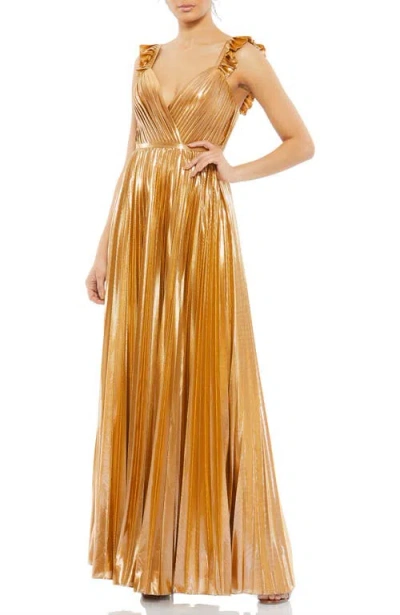 MAC DUGGAL MAC DUGGAL FAUX WRAP PLEATED RUFFLED SLEEVELESS GOWN