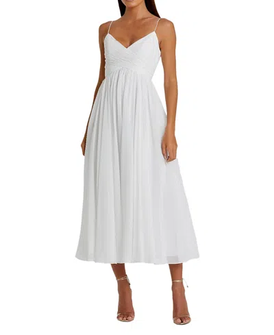 MAC DUGGAL FAUX WRAP SLEEVELESS FLOWY MIDI DRESS