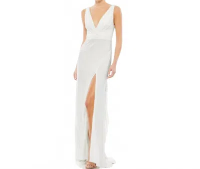Mac Duggal Faux Wrap V-neck Slit Jersey Gown In White