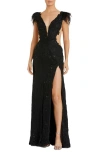 Mac Duggal Feather Cap Sleeve Lace Gown In Black
