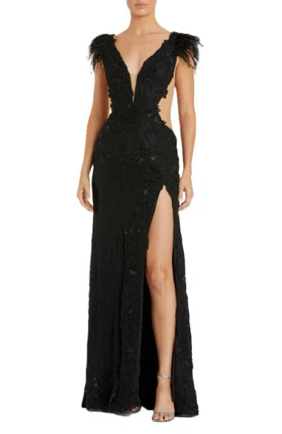 Mac Duggal Feather Cap Sleeve Lace Gown In Black