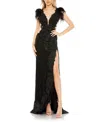 Mac Duggal Feather Floral Lace Sheath Gown In Black
