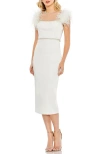 Mac Duggal Feather Cap Sleeve Pearl Embellished Midi Dress In White