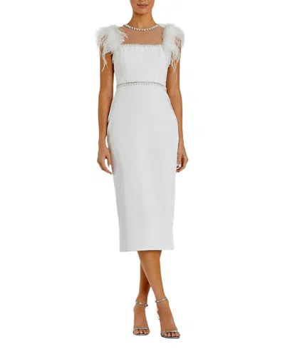 Mac Duggal Feather Cap Sleeve Pearl Embellished T-length Fit Dress In White
