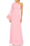 Mac Duggal Feather Cuff One Shoulder Ruched Gown In Rose