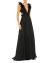 Mac Duggal Feather-trim Plunge A-line Gown In Black