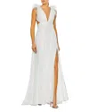 Mac Duggal Feather Cut Out Long Dress In White