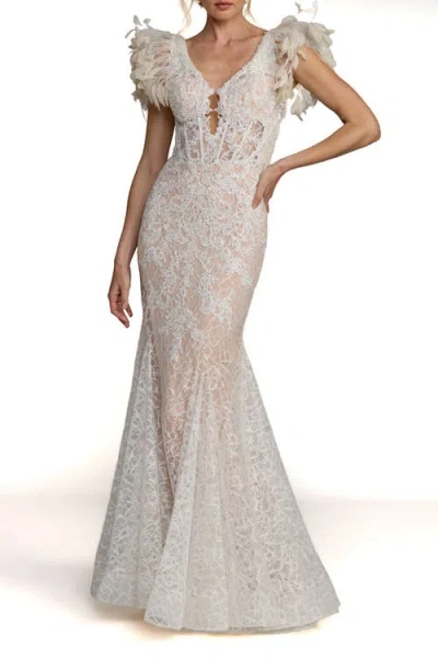 Mac Duggal Feather Detail Embellished Mermaid Gown In White