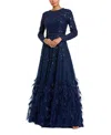 Mac Duggal Disc Embellished Sequin Gown With Feather Detail In Midnight