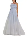 Mac Duggal Feather Neckline Maxi Dress In Blue
