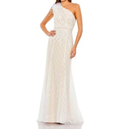Mac Duggal Feather One Shoulder Lace Dress Formal Gown In Ivory In White