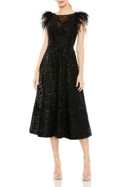 Mac Duggal 20400 Feather Sleeve Tea Length Formal Dress In Black