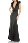 Mac Duggal Feather Shoulder V Neck Column Gown In Black