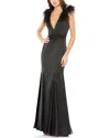 Mac Duggal Feather Shoulder V Neck Column Gown In Black