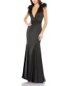 Mac Duggal Feather Shoulder V Neck Column Gown In Black