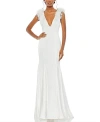 Mac Duggal Feather-embellished Deep V-neck Gown In White