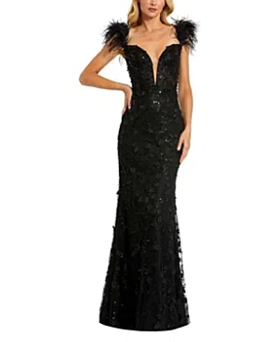 Mac Duggal Feather Straps Sheer Applique Bustier Gown In Black