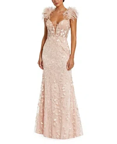Mac Duggal Feather Straps Sheer Applique Bustier Gown In Peach