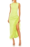 Mac Duggal Feather Trim Asymmetric Dress In Lime