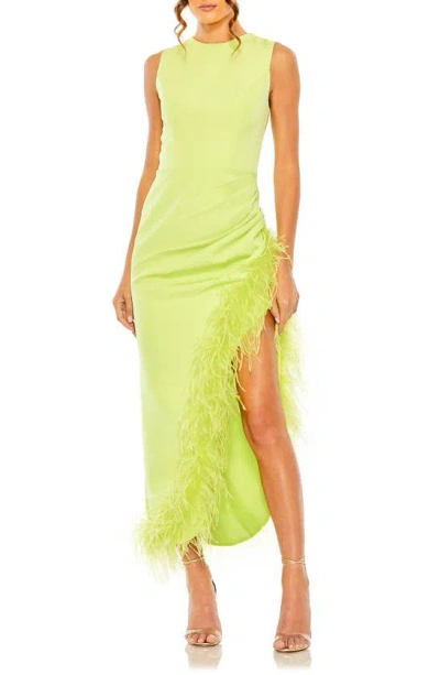 MAC DUGGAL FEATHER TRIM ASYMMETRIC DRESS