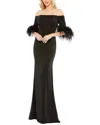 Mac Duggal Feather Trim Off The Shoulder Satin Trumpet Gown In Black