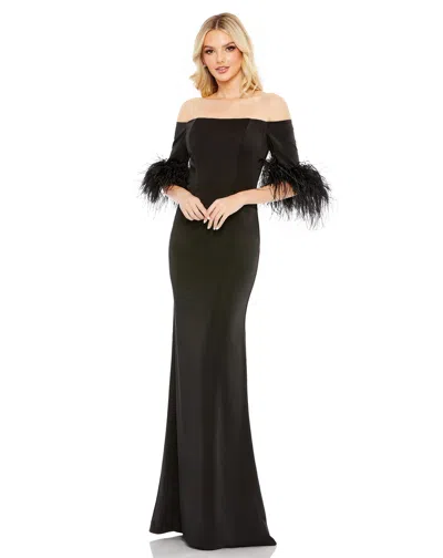 MAC DUGGAL FEATHER TRIM OFF THE SHOULDER COLUMN GOWN